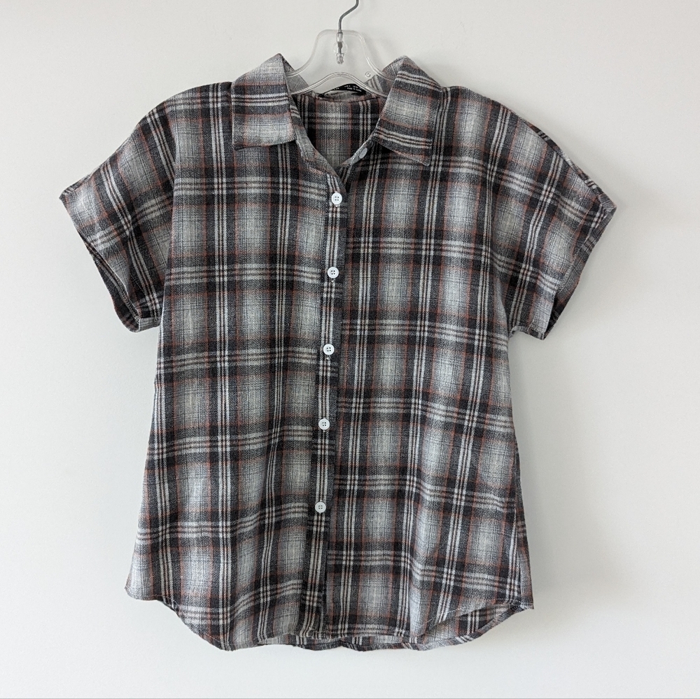 SHEIN Plaid Short Sleeve Button-Up Shirt, Classic Grey & Orange Size S Oversized